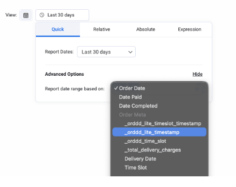 Screenshot showing the dropdown of available date range basis fields