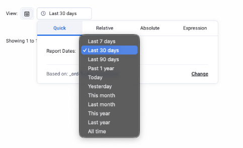Screenshot highlighting the date range preset dropdown in Ninjalytics, with the - Last 30 days - option selected