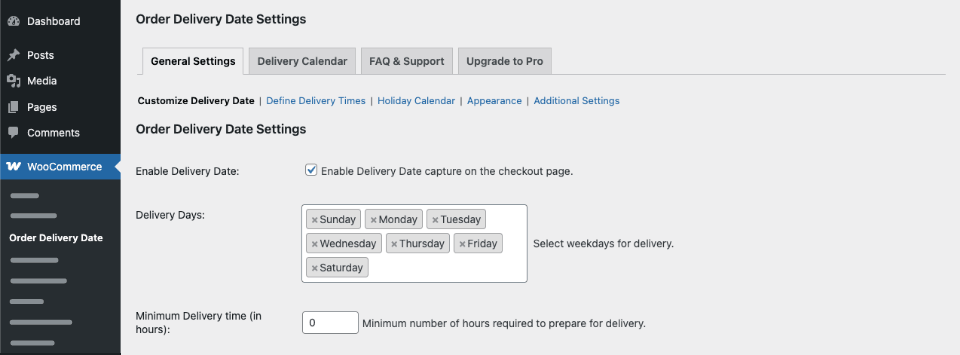 Screenshot of Order Delivery Date for WooCommerce plugin settings page
