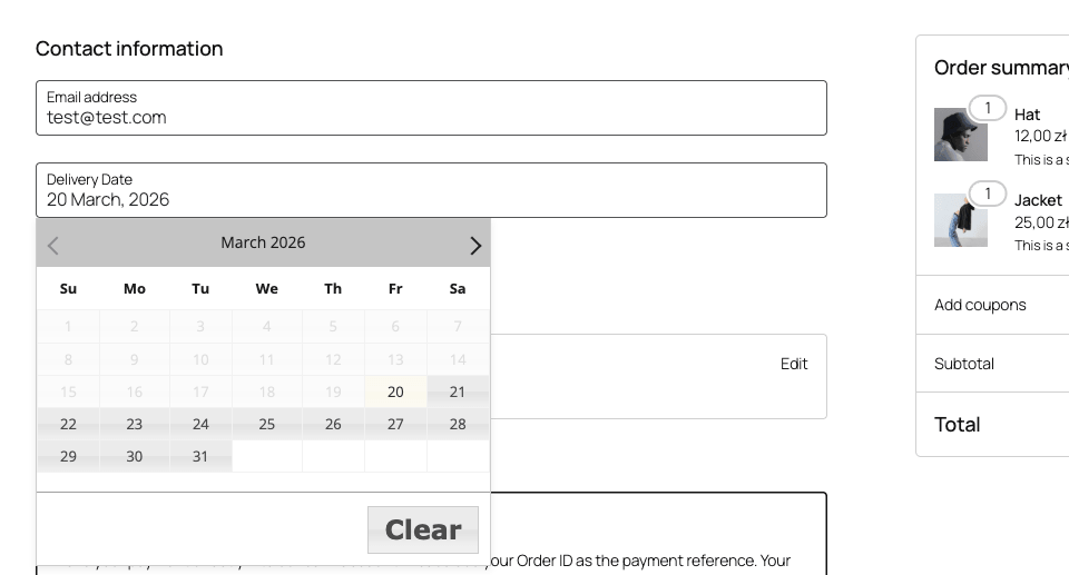 Screenshot showing part of the WooCommerce checkout with the delivery date picker opened