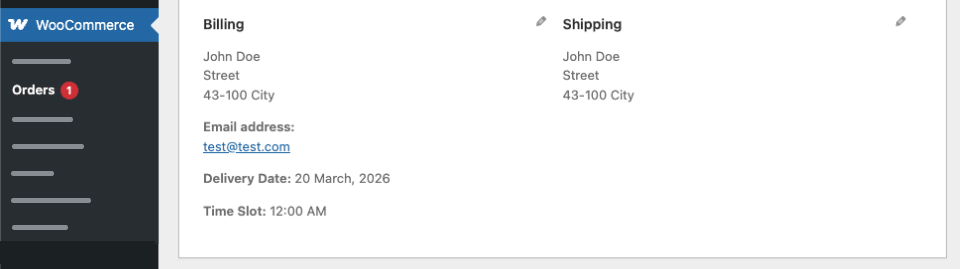 Screenshot of billing and shipping details from an individual order page in the WordPress admin, also showing the order's delivery date