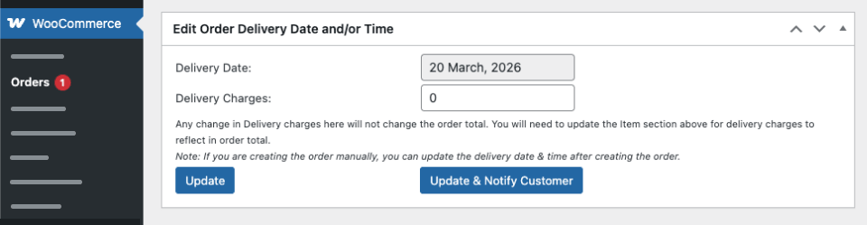 Screenshot of the order meta box that allows editing the order's delivery date