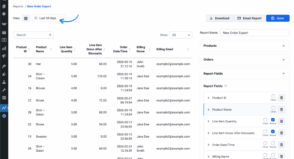 Screenshot of the Ninjalytics reporting UI showing tabular report output, with an arrow pointing at the report date control