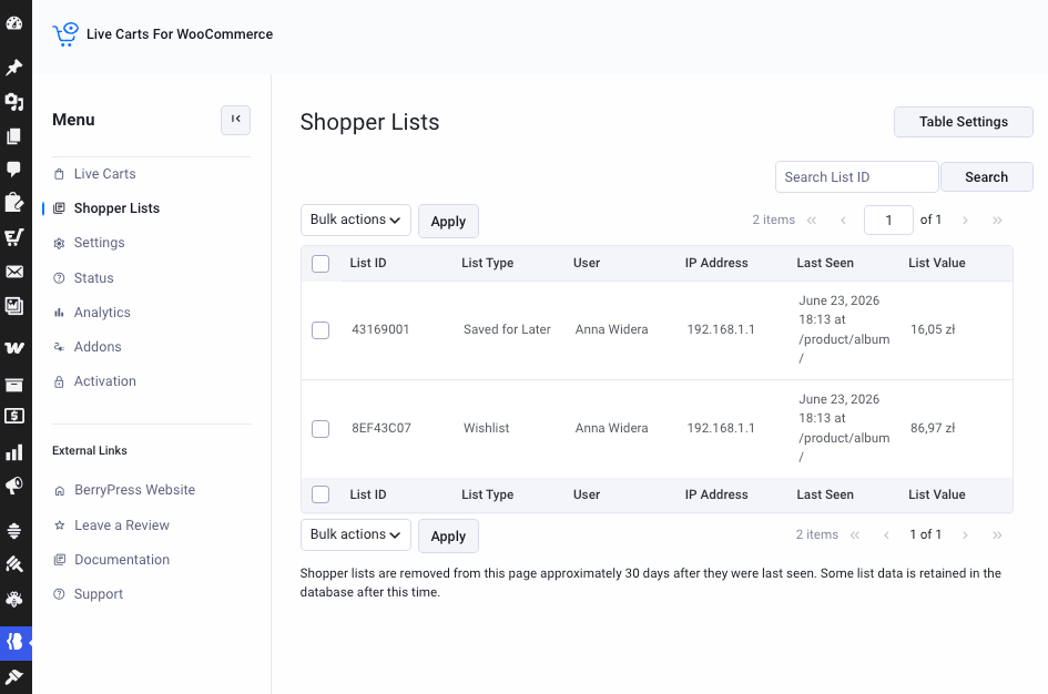 The Shopper Lists view in Live Carts