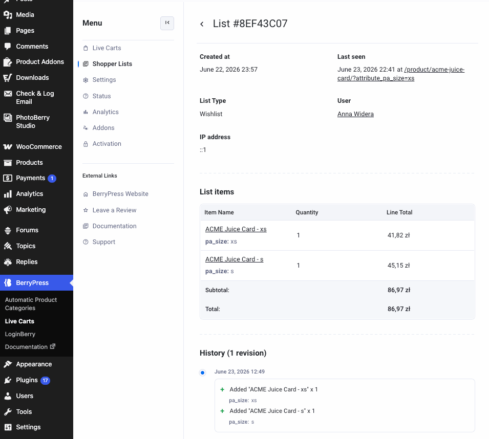 Live Carts for WooCommerce - view list items and revisions for Wishlist.