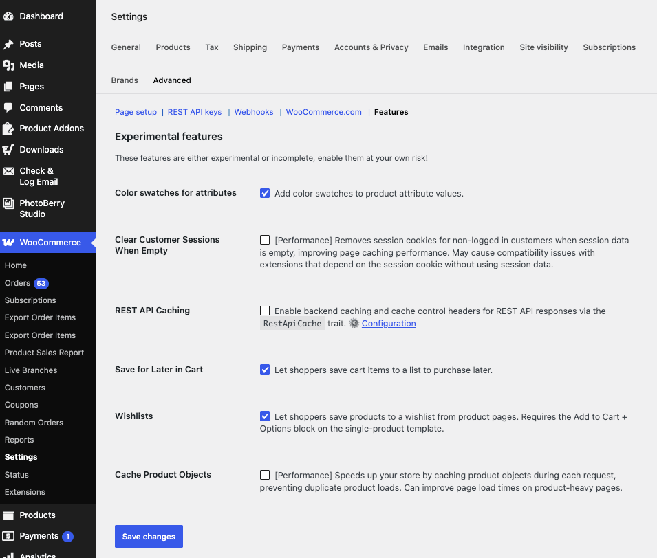 The Save for Later and Wishlist toggles enabled under WooCommerce Advanced Settings.