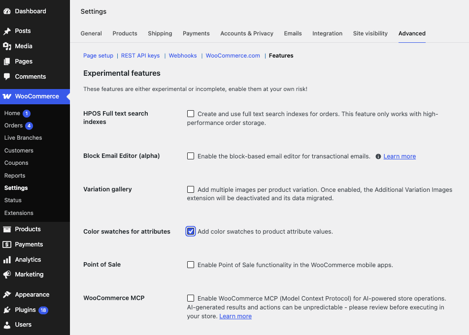Enabling the "Color swatches for attributes" option under WooCommerce Advanced Settings.