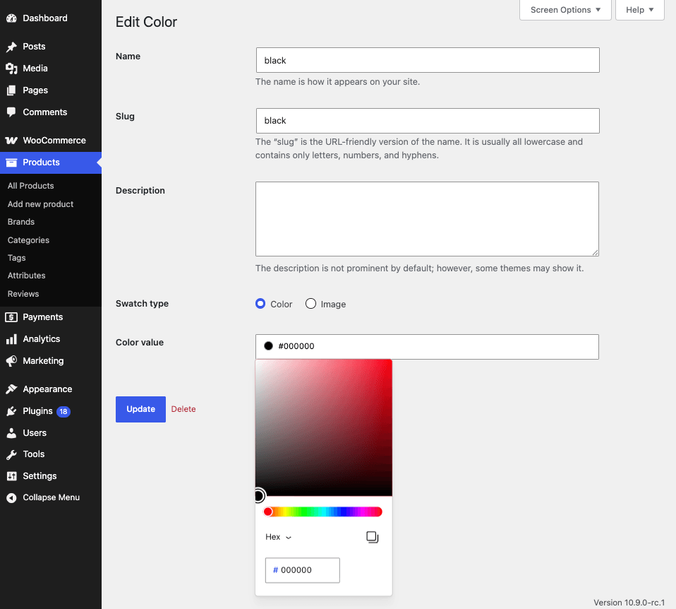 Setting up color inside the attribute edit screen.