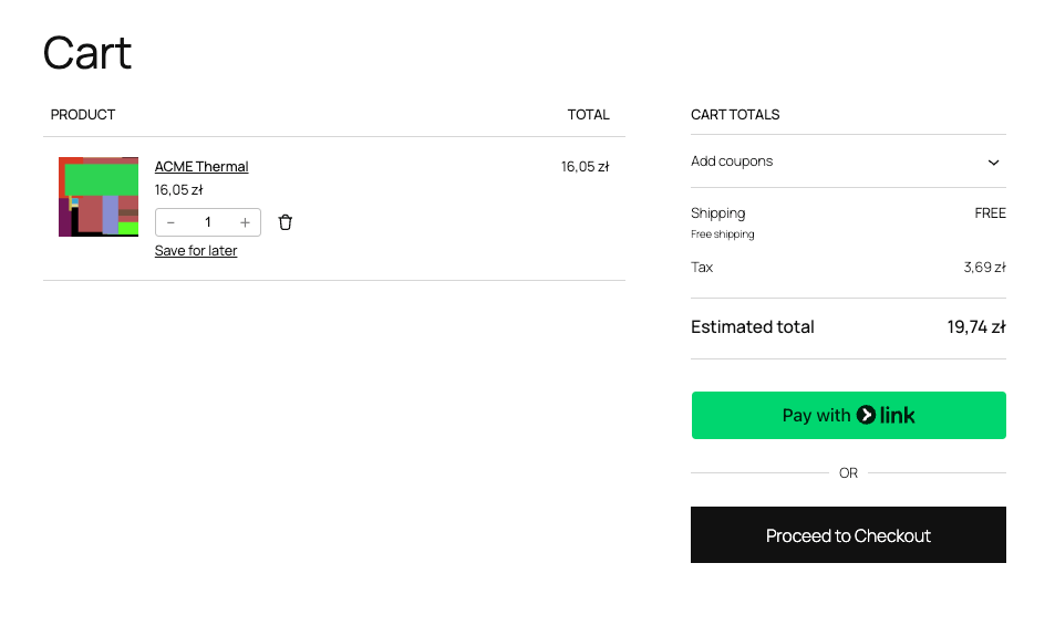 A cart page showing a product in the Saved for Later section.