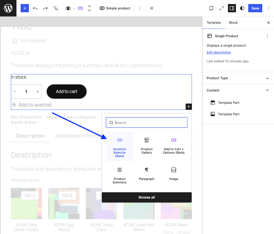 Color swatches on a variable product page in the Add to Cart + Options Variation Selector.