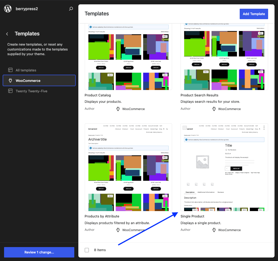 The Site Editor showing the WooCommerce Single Product template.