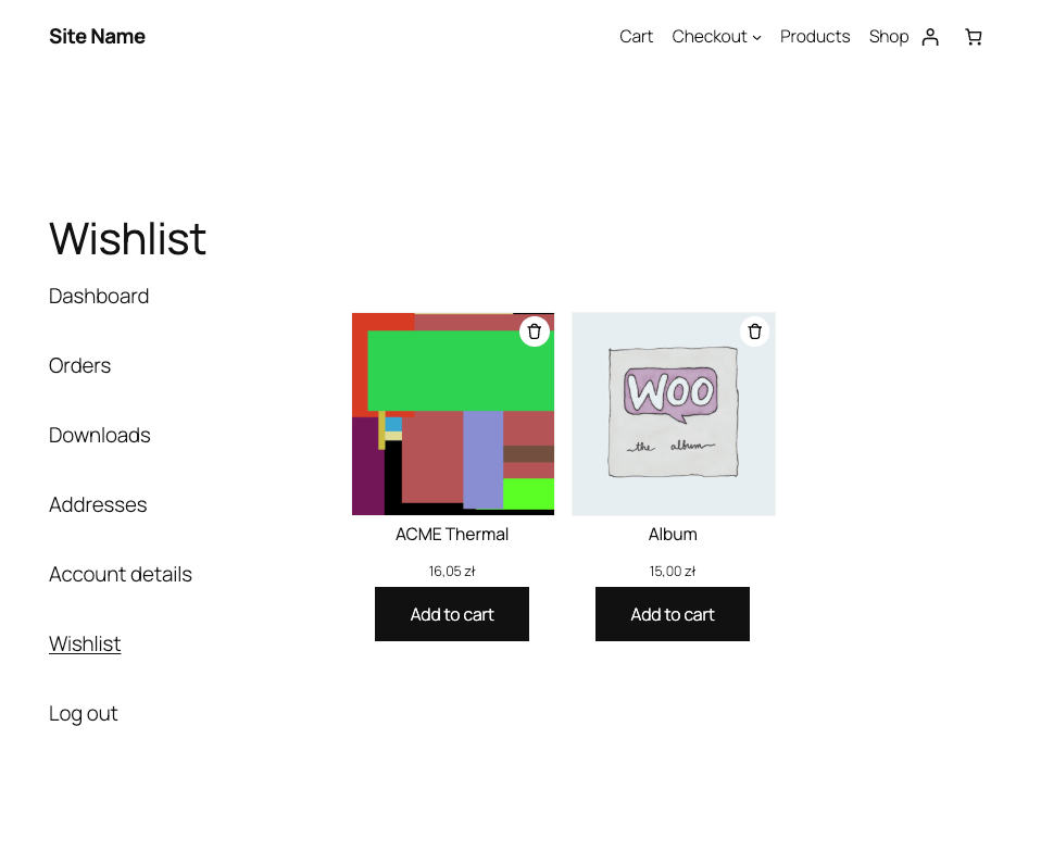 The Wishlists tab in the customer My Account area.