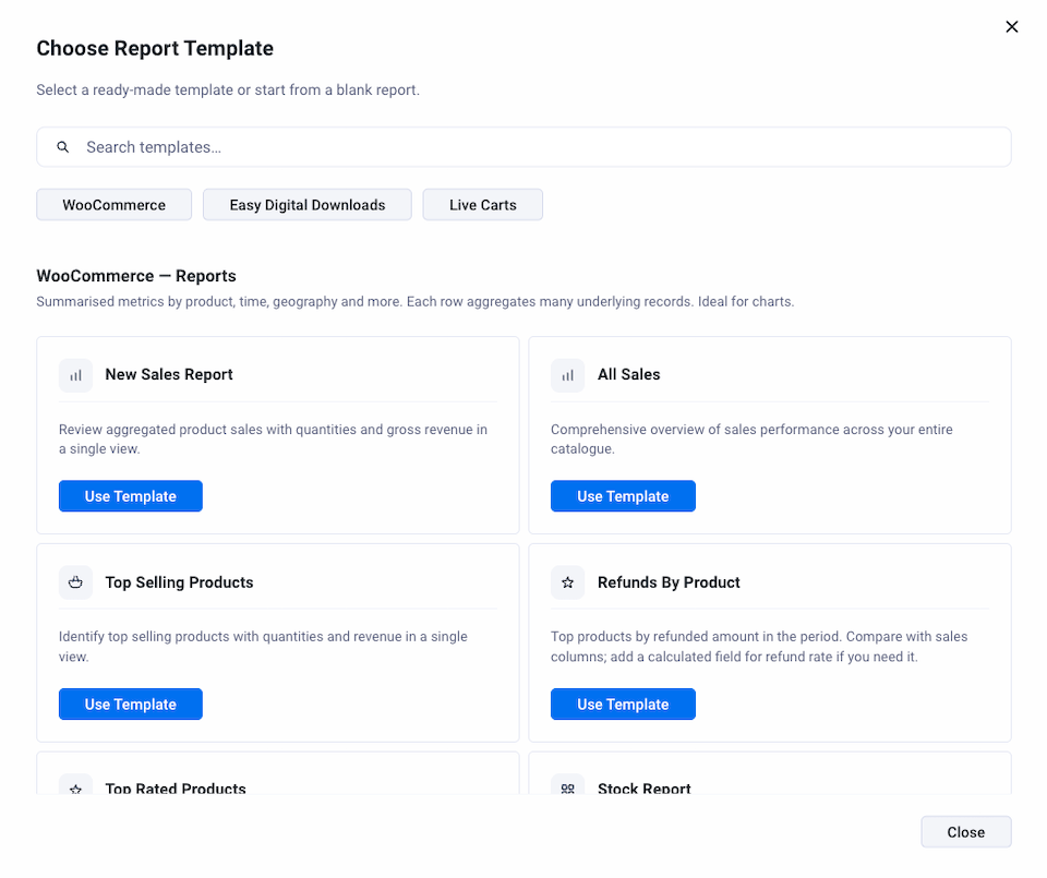 WooCommerce reporting templates in Ninjalytics plugin