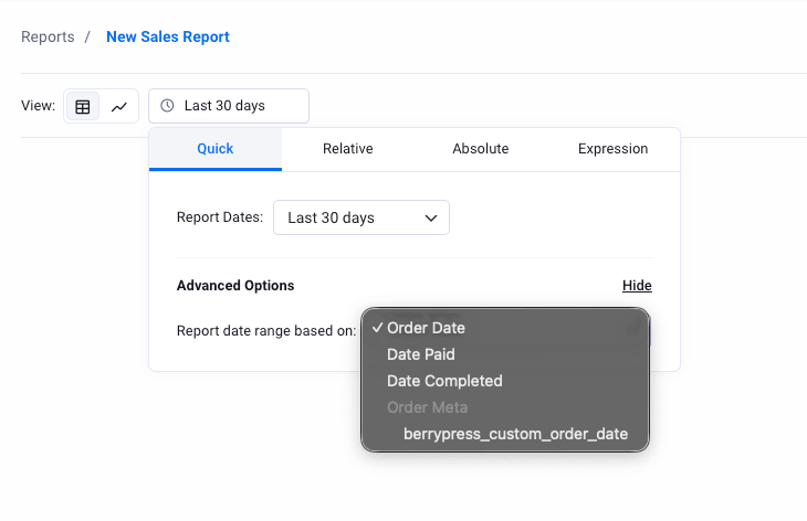 Date range options for WooCommerce reports in Ninjalytics