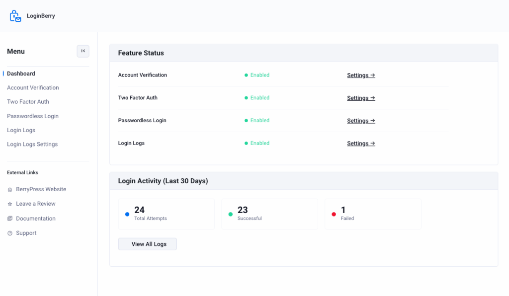 The LoginBerry dashboard showing each feature and its current status.