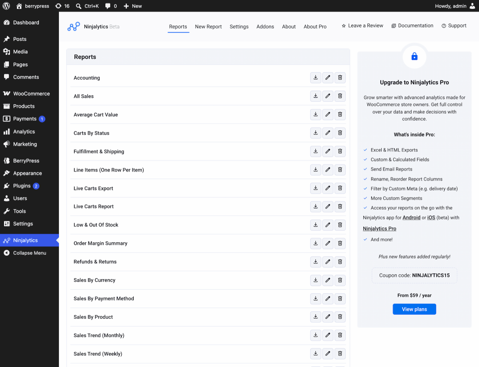 Ninjalytics plugin - WooCommerce list of reports for analytics