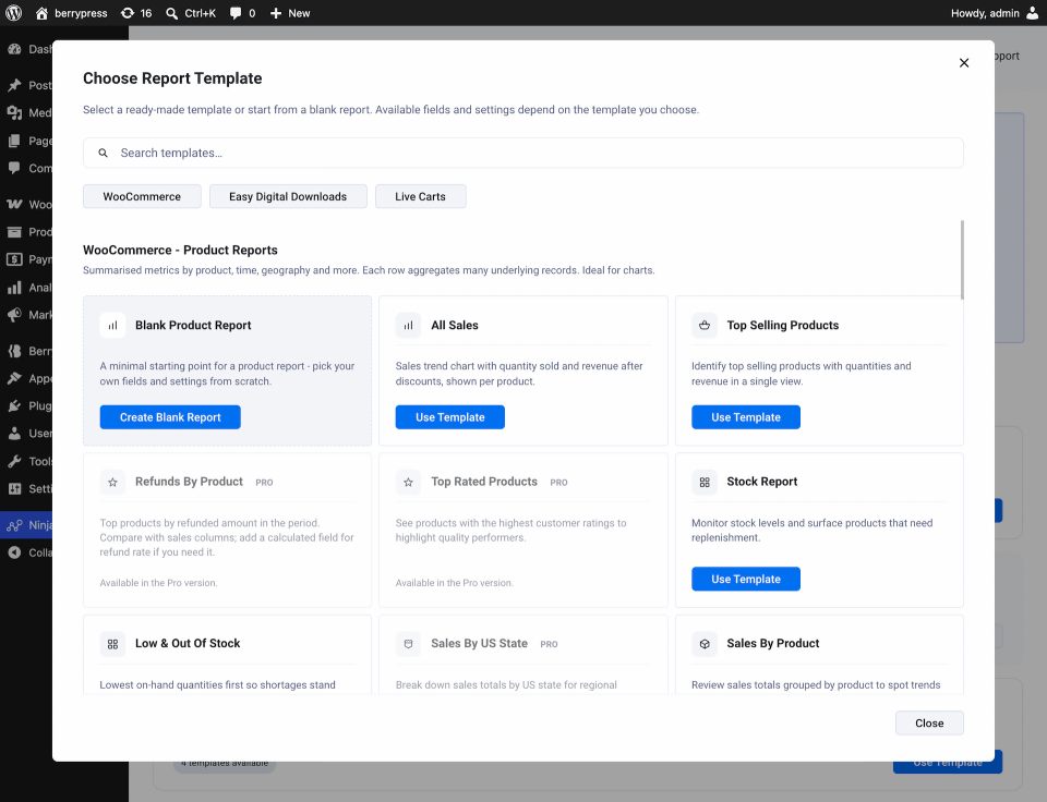 Ninjalytics plugin - WooCommerce list of template reports for deeper analytics