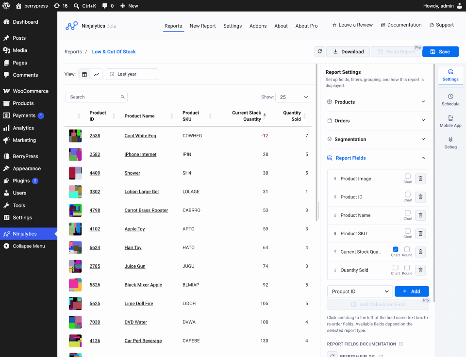 Ninjalytcs - woocommerce plugin, low and out of stock table and customisable report fields