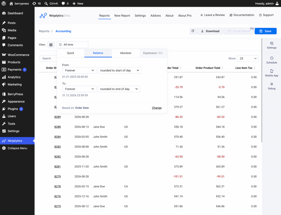 Ninjalytics plugin - WooCommerce accounting report and Relative time range