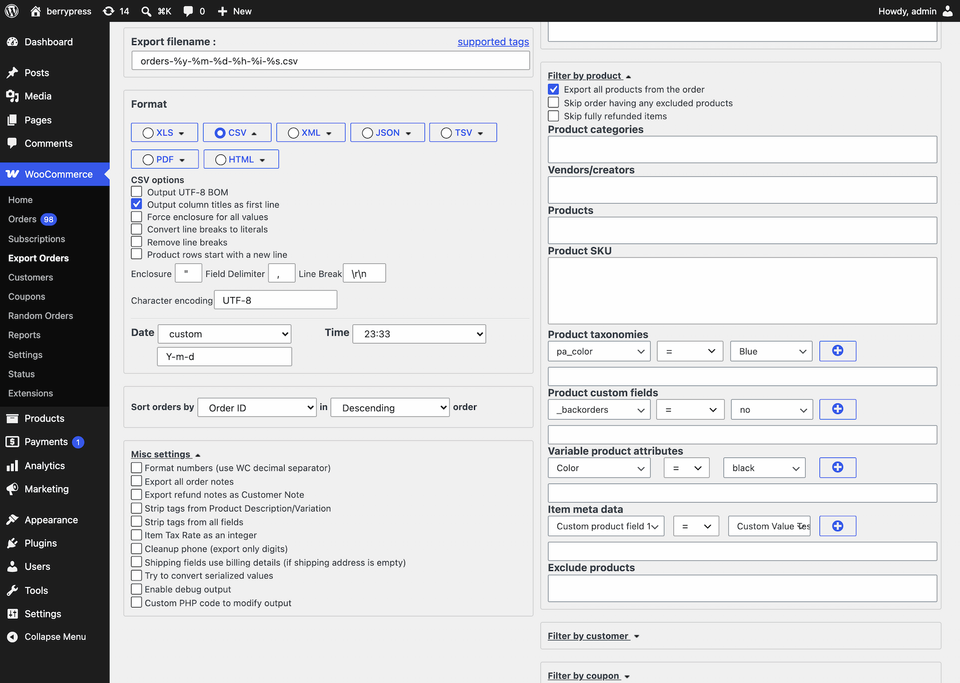 Reporting plugin Advanced Order Export for WooCommerce