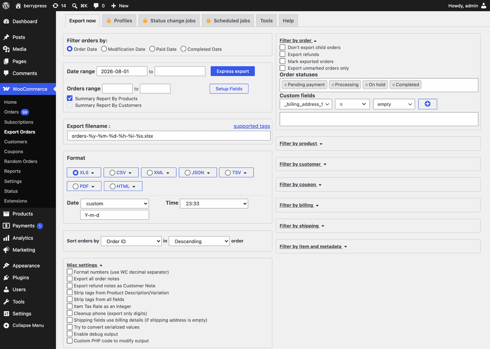Reporting plugin Advanced Order Export for WooCommerce