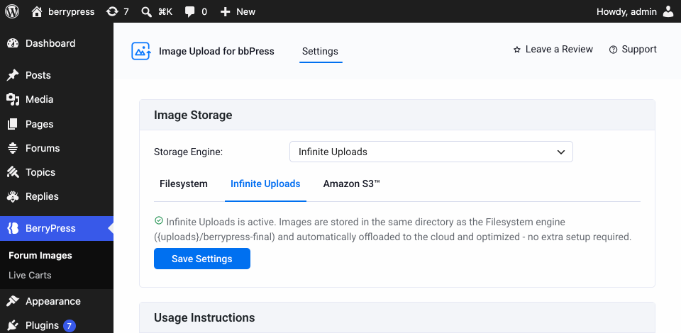 Forum Images settings page with Storage Engine set to Infinite Uploads