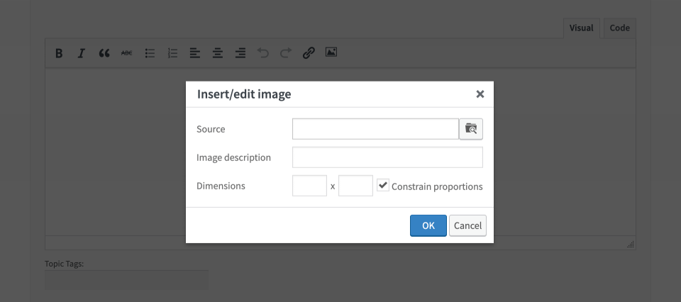 Insert/edit image button in the bbPress reply editor toolbar and the image dialog with the Browse button