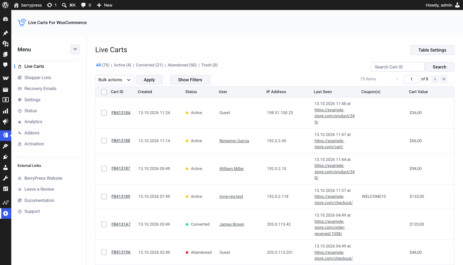Live Carts list in the WordPress admin showing active, converted, and abandoned carts