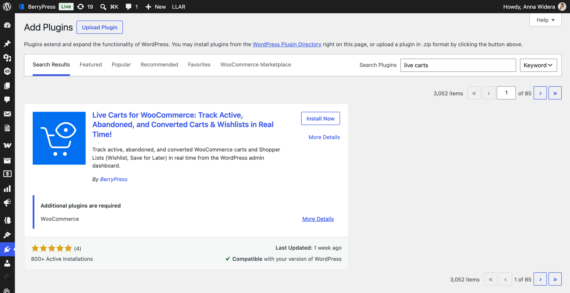 Add Plugins screen in WordPress with Live Carts for WooCommerce in the search results