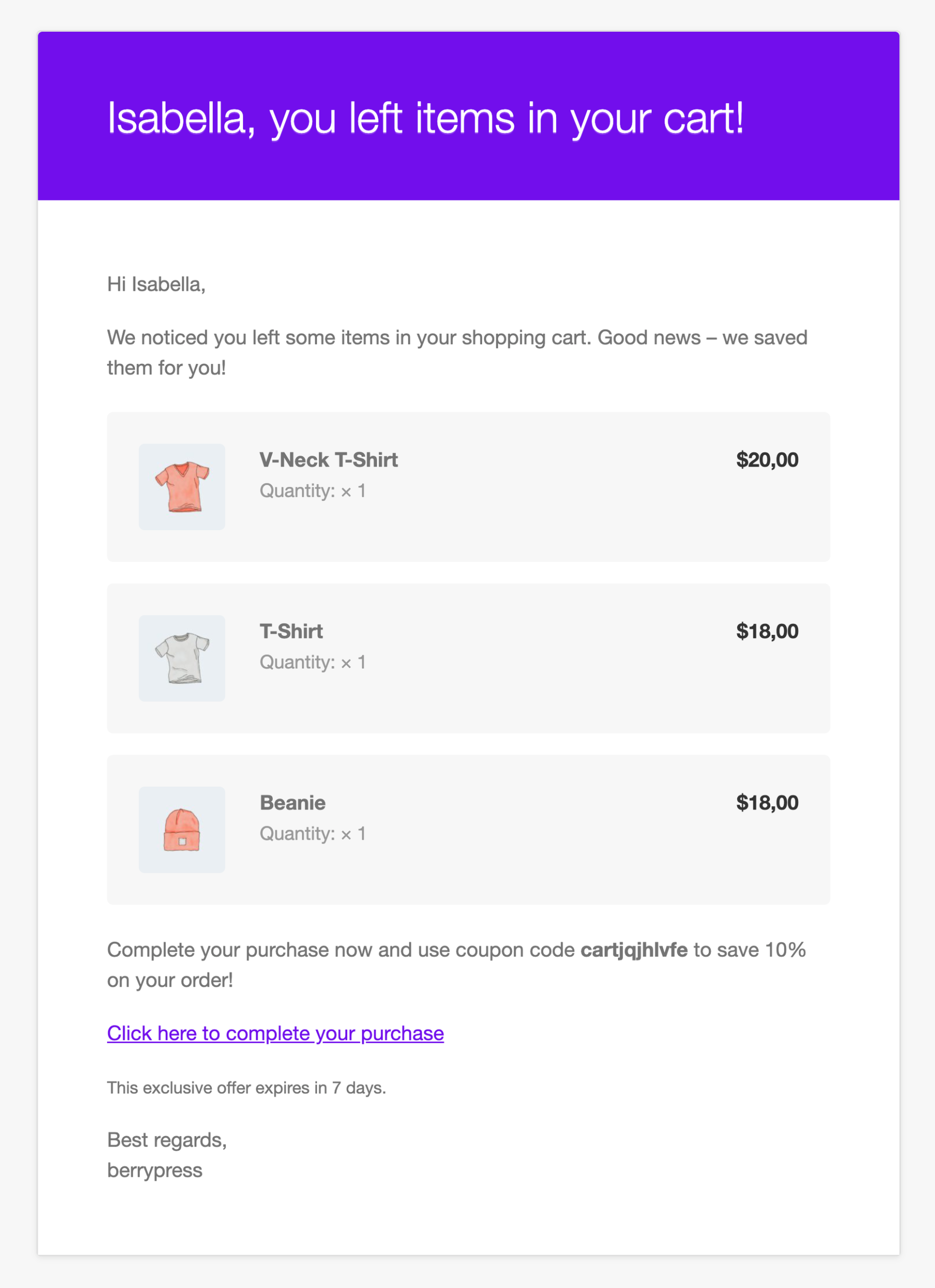 Recovery email with a greeting, three cart products with prices, a coupon code, and a link to complete the purchase