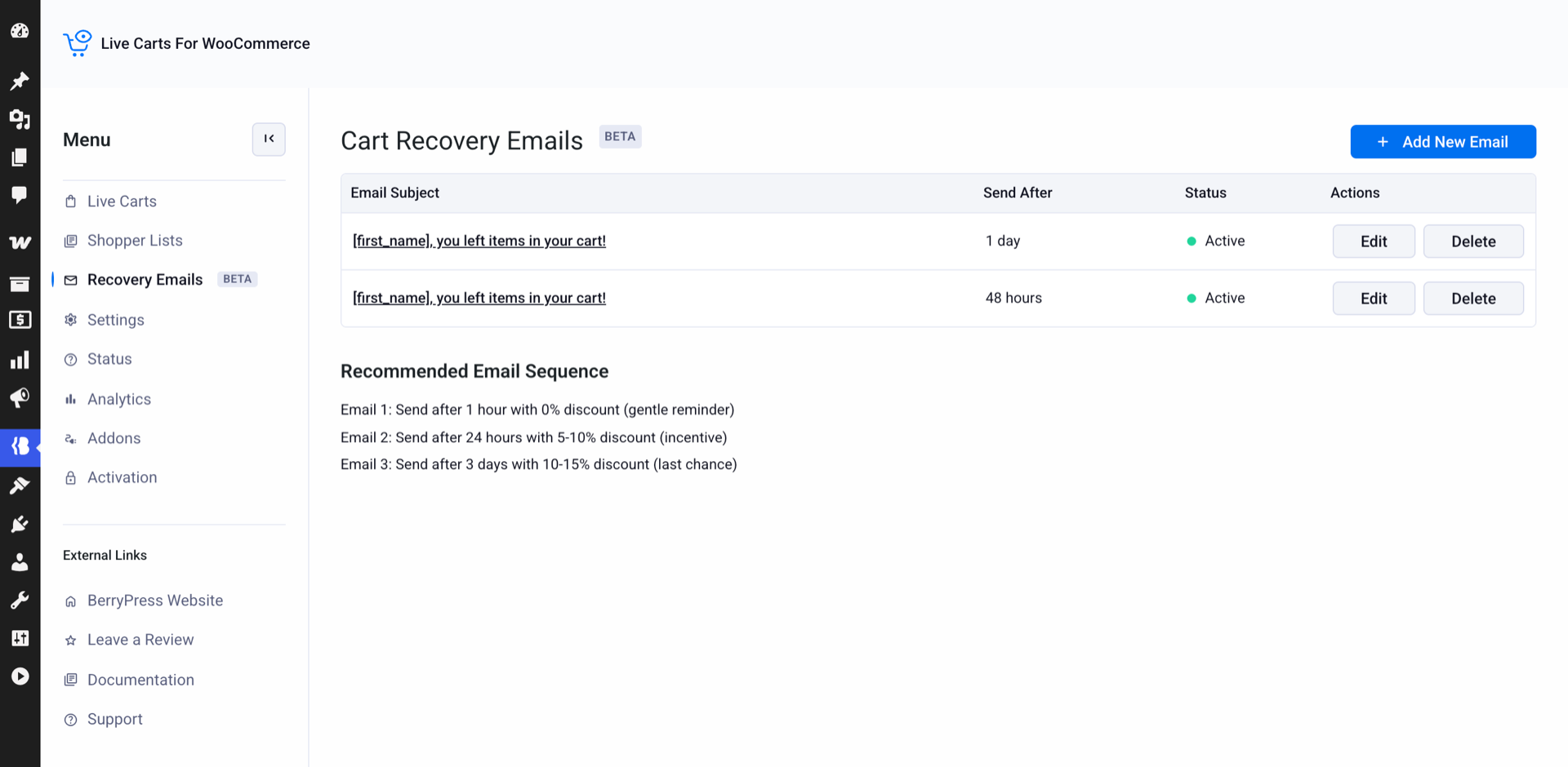 Cart Recovery Emails screen listing two active emails sent after 1 day and after 48 hours